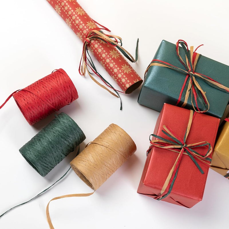 Jocomoni 3 Roll Raffia Ribbon 984ft Raffia Paper Ribbon Red Green Kraft Raffia Paper Twine Wrapping Ribbon for Christmas Gift Wrapping DIY Craft Supply（328ft Each Roll） - Image 4